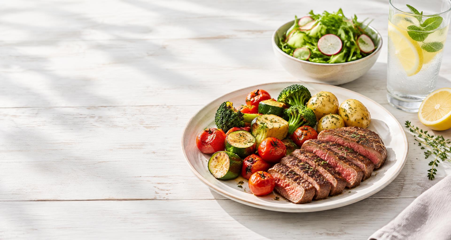 Grillat kött med rostad grönsaker och potatis, en fräsch sallad och ett glas vatten med citron på ett ljust bord